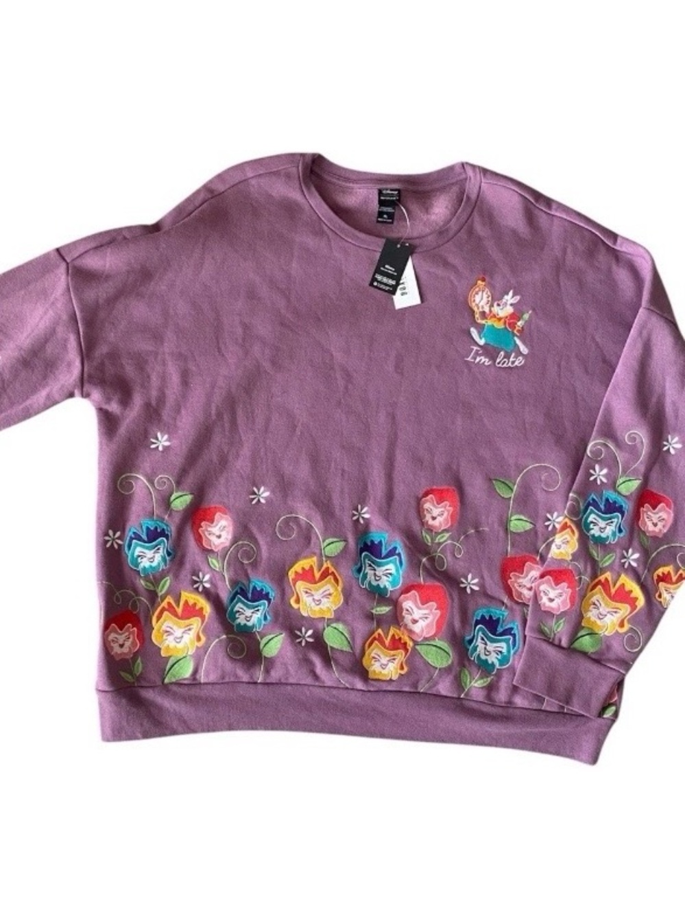 Disney Alice in Wonderland I'm Late Flower Crewneck Sweatshirt Size XL